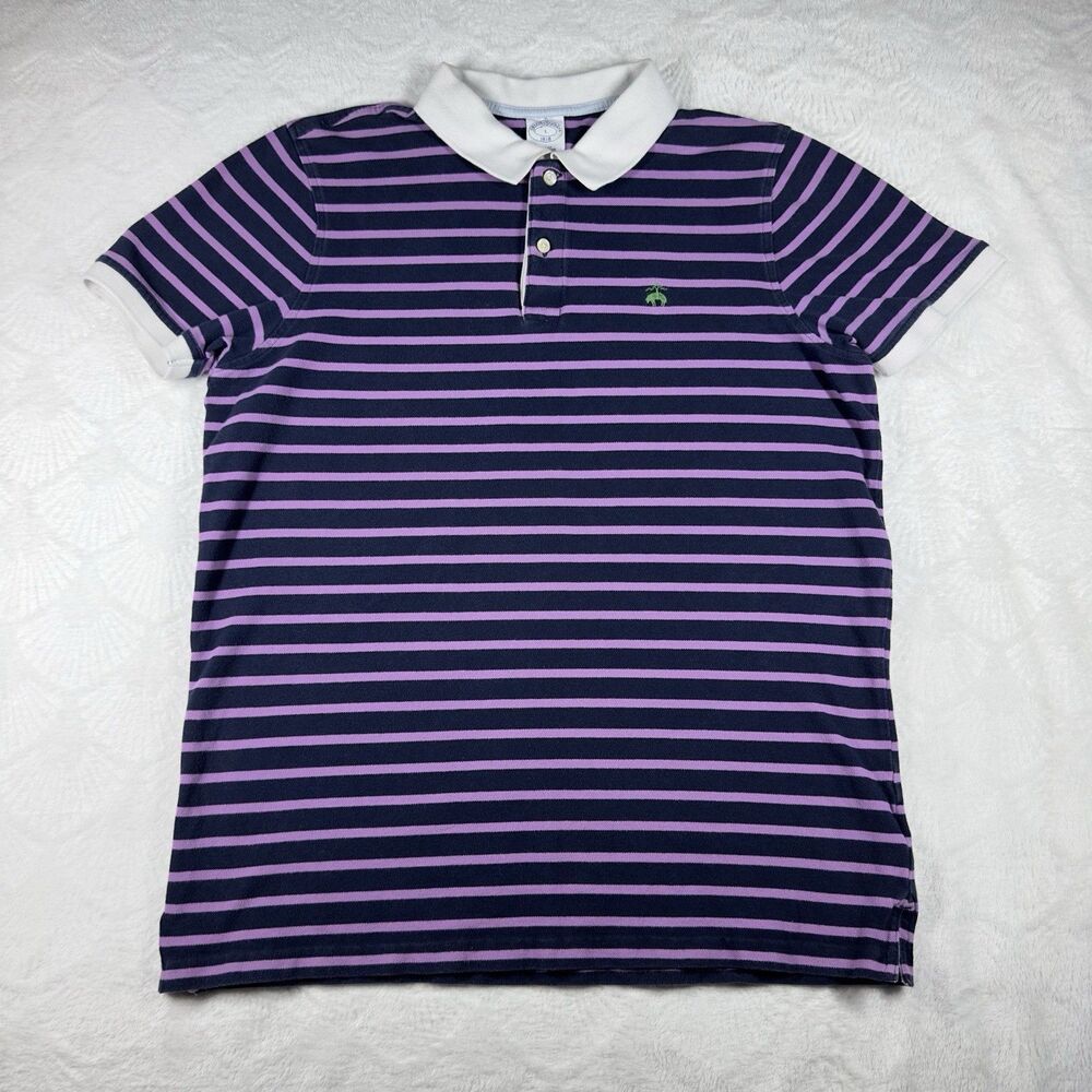 Brooks Brothers Mens Adult Size Large Slim Fit Polo Purple Stripe Navy Cotton